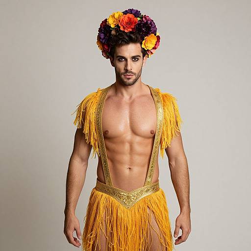 Photograph of a muscular, tan-skinned man with dark hair and beard, wearing a colorful flower crown, yellow fringe loincloth, and matching