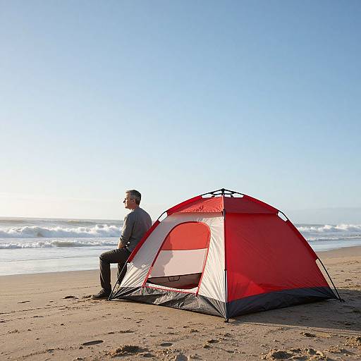 Minimalist Red Tent at Sunrise Beach