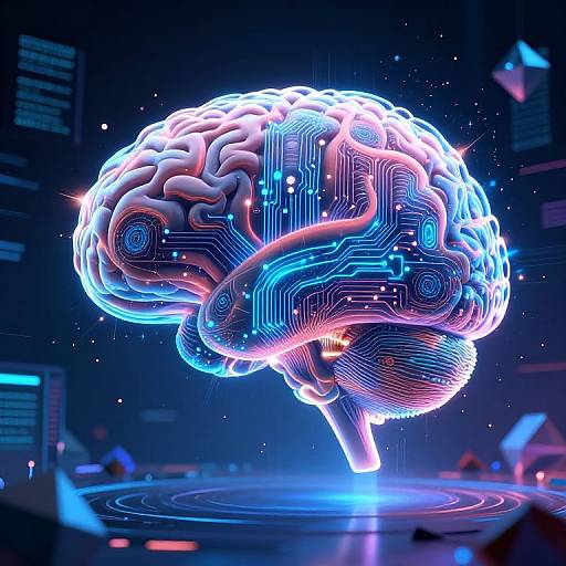 CGI image of a glowing, neon-blue and pink brain floating in a dark, futuristic room, surrounded by circuitry patterns.