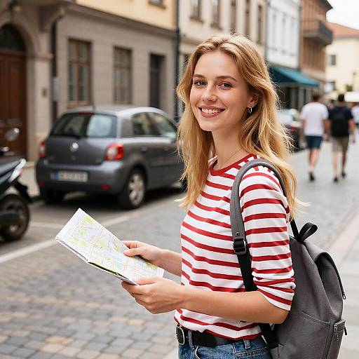 Smiling Blonde Woman on Cobblestone Street