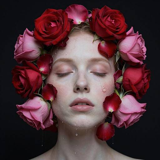 Digital portrait of a fair-skinned woman with closed eyes, wearing a crown of red and pink roses, droplets on her face, against a dark