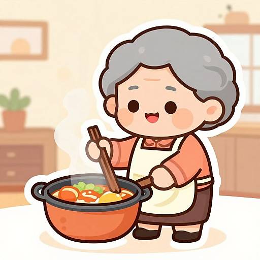 Chibi-style digital drawing of an elderly woman with gray hair, wearing a white apron and pink shirt, cooking vegetables in a pot with a wooden