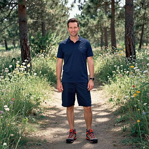 Photograph of a smiling man with short brown hair, wearing a navy polo, black shorts, and red sneakers, standing on a sunlit forest path