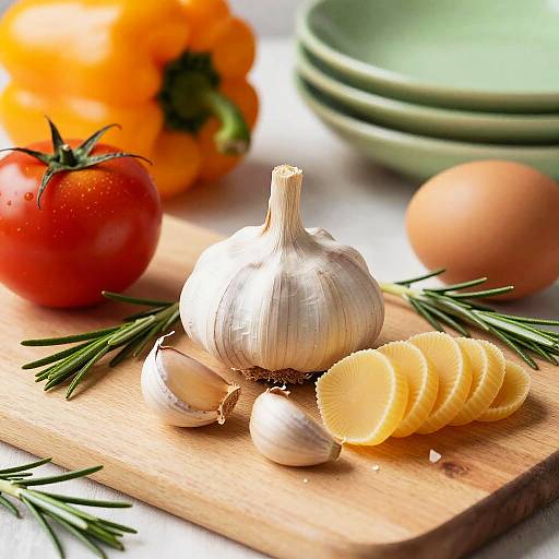 Vibrant Kitchen Scene with Garlic and Pasta