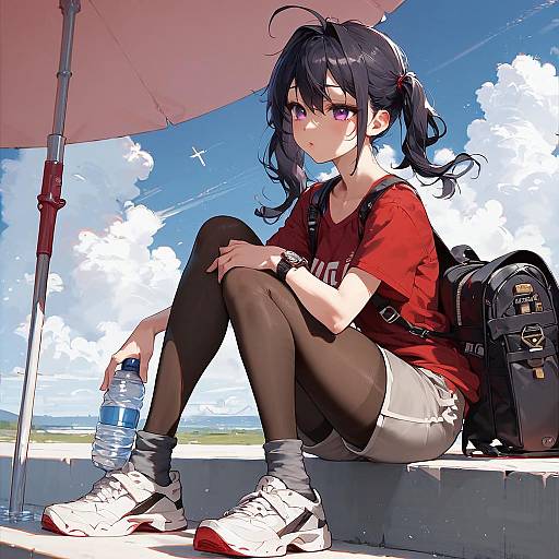 Anime Girl Sitting Outdoors in Summer