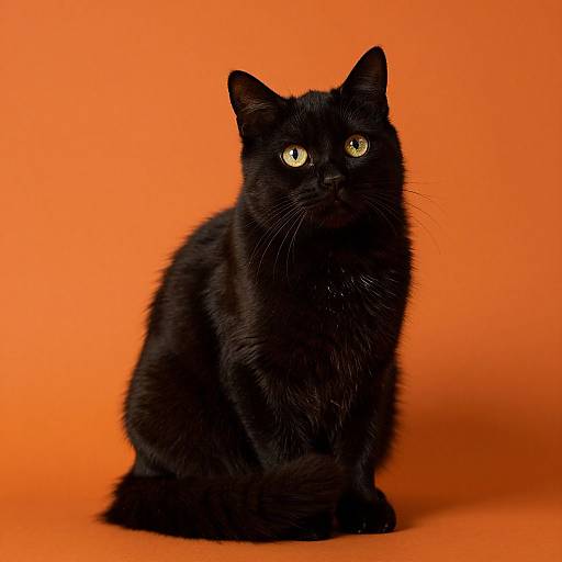 Photograph of a black cat with bright yellow eyes, sitting against a solid, vibrant orange background, looking directly at the camera.
