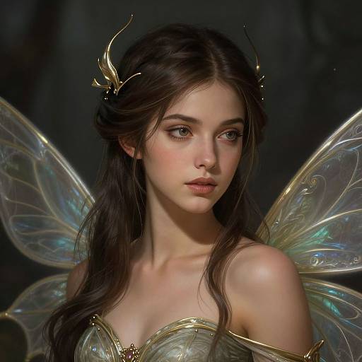 Digital painting of a beautiful fairy woman with long brown hair, iridescent wings, and golden antler-like headpiece, set against a dark background