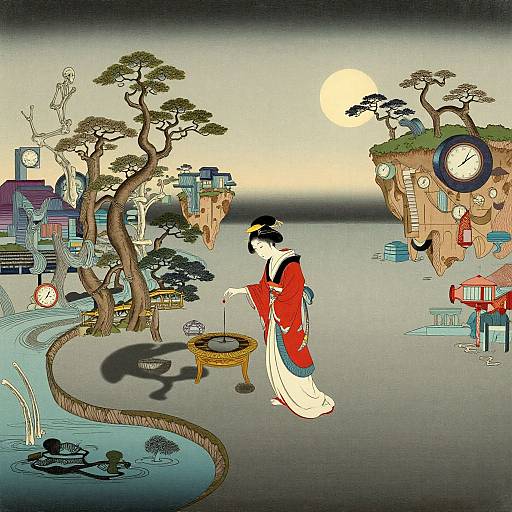 Traditional Japanese ukiyo-e woodblock print: Geisha in red kimono pours tea by a table, with floating islands, clock towers, and