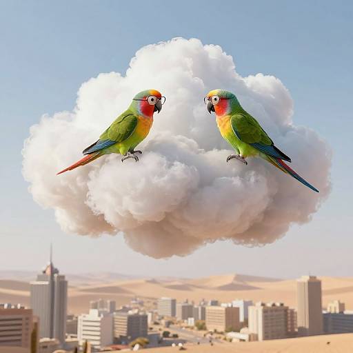 Photograph of two colorful parrots perched on a white cloud above a desert cityscape with skyscrapers, under a clear blue sky.
