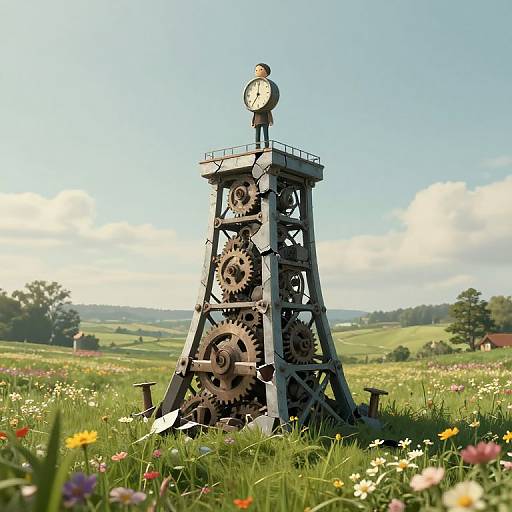 Photograph of an antique, metal gear clock tower with a round clock, standing in a vibrant, sunlit meadow with wildflowers.