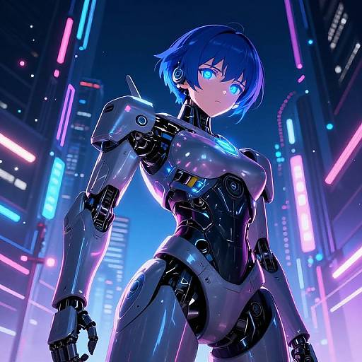 Cyberpunk anime-style digital artwork of a blue-haired woman with glowing blue eyes, wearing a sleek black and silver robotic suit, standing in a neon