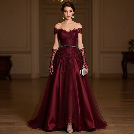 Photograph of a woman in an off-the-shoulder, deep burgundy ball gown with lace gloves, holding a white clutch, walking on a