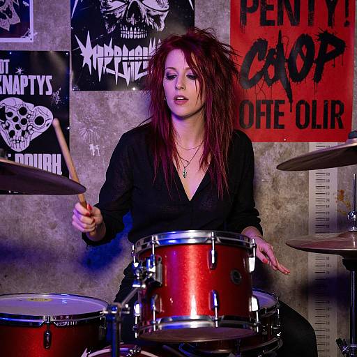 Photograph of a pale, red-haired woman with messy hair, playing a red drum set in a dimly lit room with punk rock posters on the