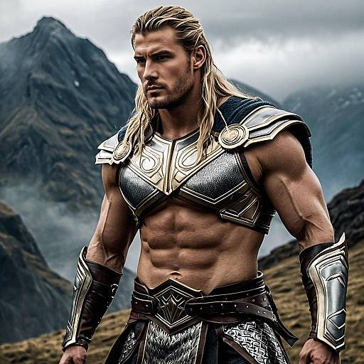 Fantasy Warrior in Metallic Armor with Mountain Background