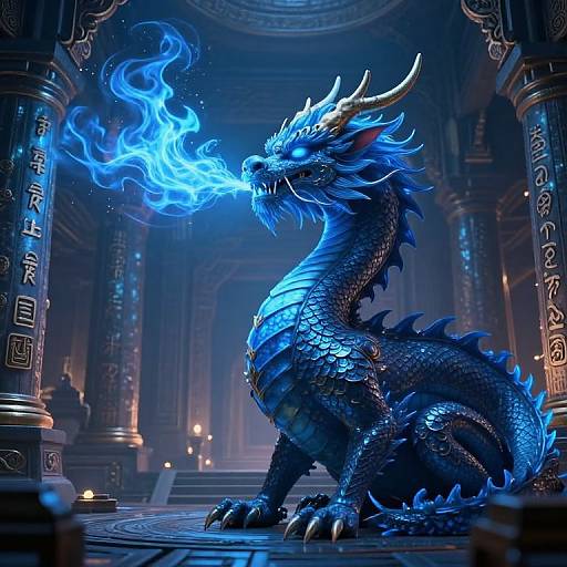 Digital art of a blue, glowing, fire-breathing dragon with fierce horns, sitting in a grand, illuminated, ancient temple.