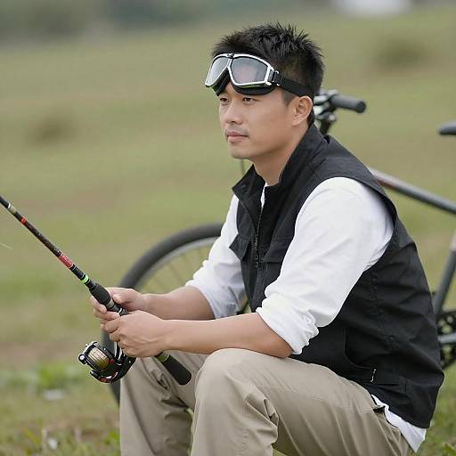 Asian Man Fishing in Grassy Field