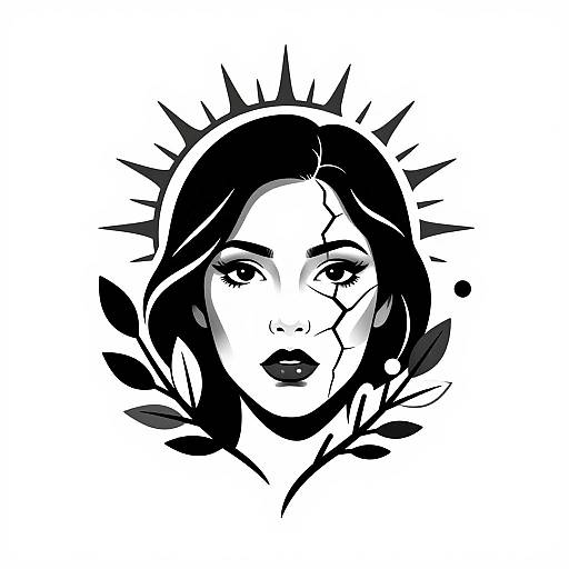 Black and white digital illustration of a woman with a cracked face, short dark hair, and a spiked halo, surrounded by leaves.