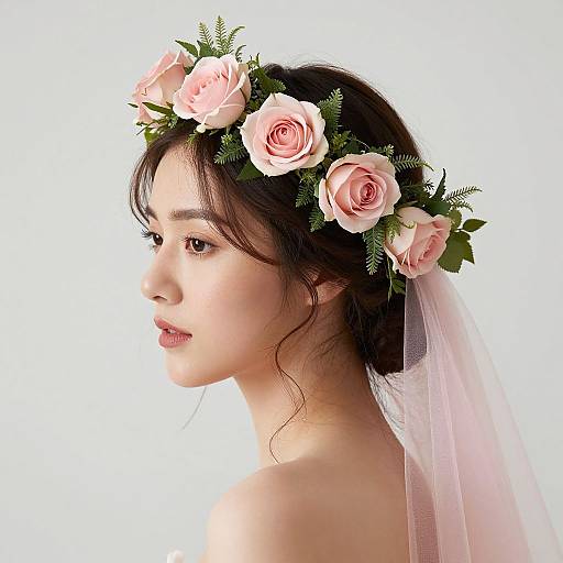 Photograph of an Asian woman with fair skin, dark hair, wearing a pink rose and green leaf crown, and a sheer veil, looking over her