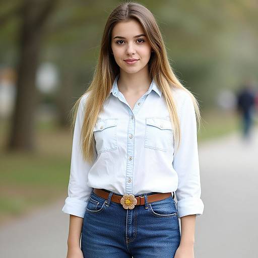 Photograph of a young woman with long, straight brown hair, wearing a white button-up shirt and blue jeans, standing on a park path with a