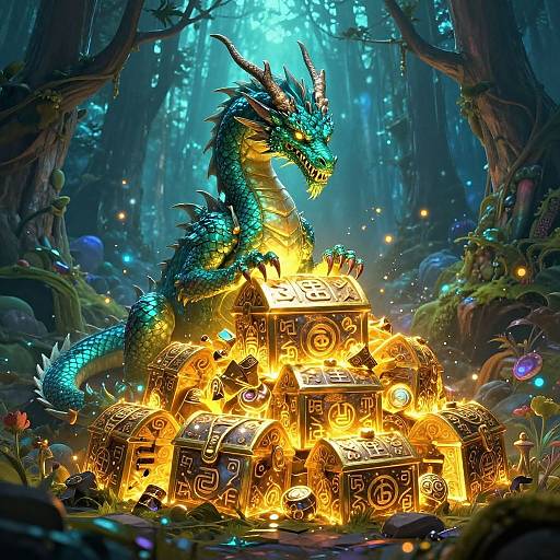 Digital art: Vibrant blue dragon with glowing scales sits atop a fiery, glowing, ancient book pile in a mystical, luminescent forest.