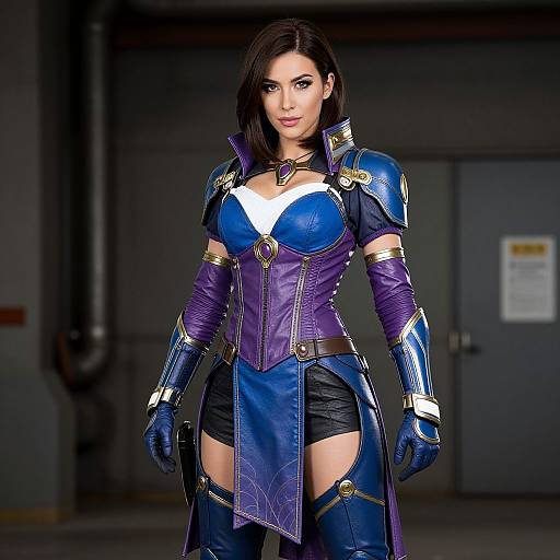 CGI image of a confident woman in dark blue and purple armored attire, with gold accents, white V-shaped chestplate, black shorts, and gloves