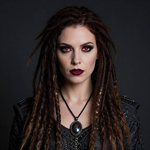 Photograph of a pale-skinned woman with red eyes, dark maroon lipstick, dreadlocks, black lace top, and a silver pendant necklace against