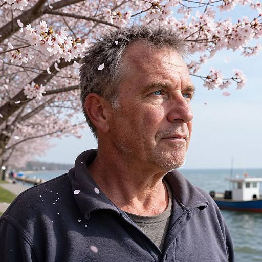 Photograph of middle-aged man with gray hair and stubble, wearing black polo shirt, standing under cherry blossom tree near water.