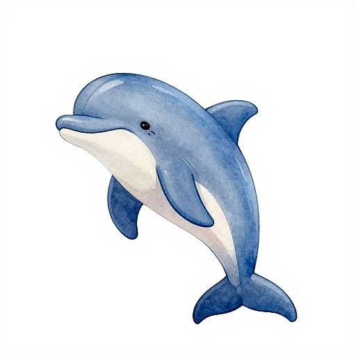 Watercolor illustration of a joyful blue and white dolphin, mid-leap, with a small black eye and glossy surface, set against a plain white background