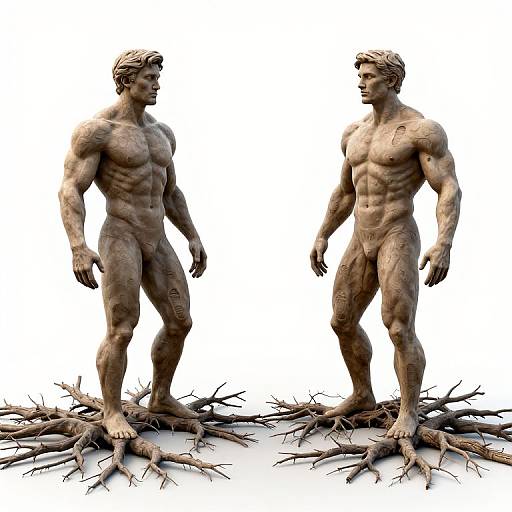 Digital CGI of two muscular, nude, stone-like men with detailed textures, standing on gnarled roots, facing each other against a white background.