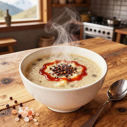 Photograph of a steaming bowl of creamy soup topped with red sauce and black pepper, on a rustic wooden table with a spoon and scattered spices.