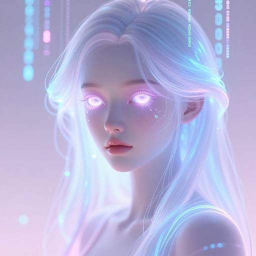 Digital CGI of a glowing, ethereal woman with long, white, luminescent hair and piercing purple eyes, set against a futuristic, neon-l