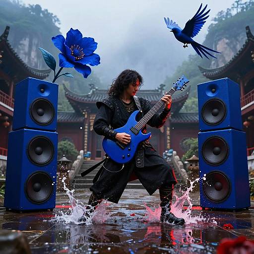 Photograph of a long-haired musician in black, playing a blue electric guitar in front of blue speakers and large blue flowers, with a bird flying above