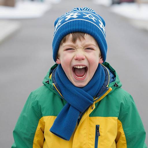 Excited Boy in Colorful Winter Attire