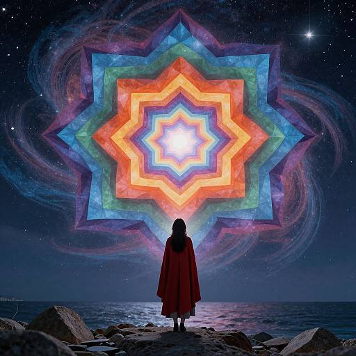 Digital art: Silhouetted woman in red cloak gazes at vibrant, multicolored starburst against a starry night sky over a rocky