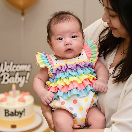 Photograph of an Asian woman holding a baby in a colorful, ruffled, polka-dot onesie, with a birthday cake and 
