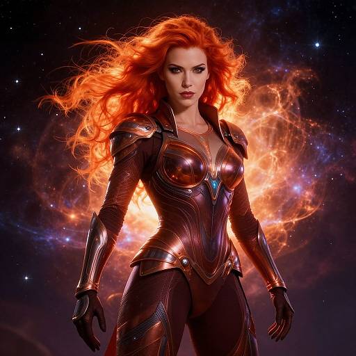 Digital artwork of a fiery red-haired woman in metallic armor with glowing blue accents, standing against a cosmic background. Her fiery hair and armor blend into the
