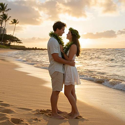 Couple Embracing on Golden Hawaiian Beach