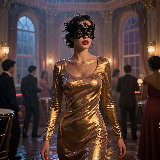 Photograph of a glamorous woman in a shimmering gold dress and black lace mask, standing confidently in a dimly lit, elegant ballroom with rain