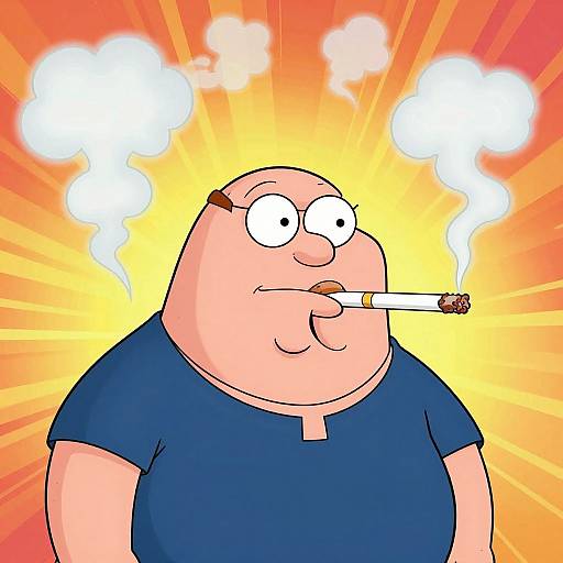 Cartoon of a bald, overweight man with a cigarette in his mouth, wearing a blue shirt, against a bright orange, radiating background with white