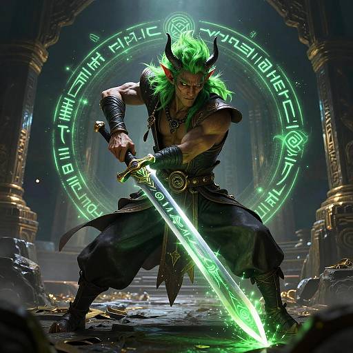 Green-Haired Demon Warrior in Ruins