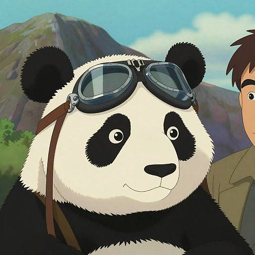 Digital anime-style illustration of a panda with black-and-white fur, wearing aviator goggles, and a human partially visible on the right. Mountain and blue
