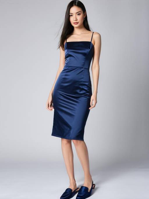 Chic Woman in Midnight Blue Satin Dress