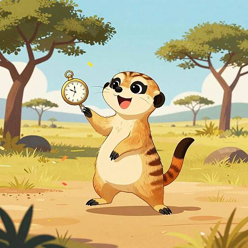 Cartoon meerkat stands on two legs in sunny savanna, holding a small pocket watch with a delighted expression. Trees and grass in background.