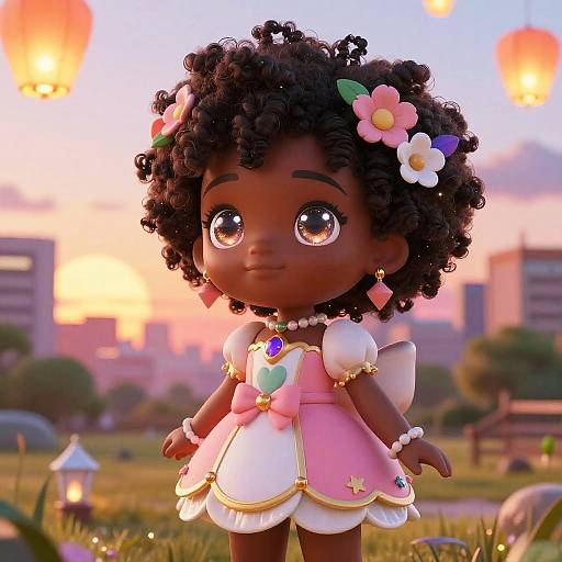 Digital CGI of a dark-skinned, curly-haired doll with large eyes, wearing a pink and white dress, adorned with flowers and jewels, standing in