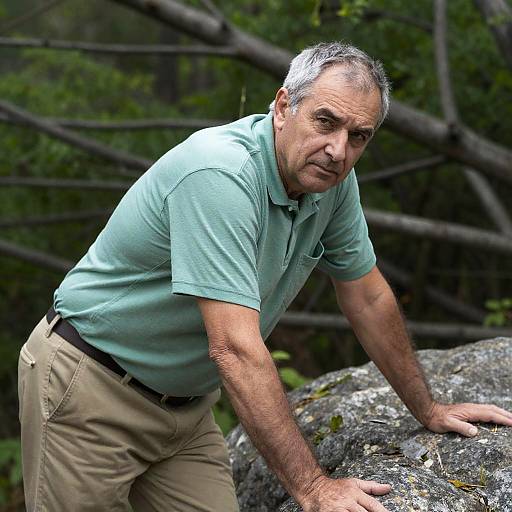 Serious Middle-Aged Man Leaning on Rock in Forest
