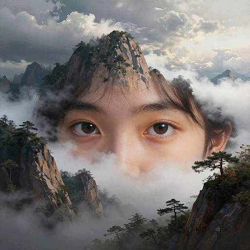 Photorealistic digital artwork of a young Asian girl's face, with large, expressive eyes, emerging from a misty, mountainous forest backdrop.