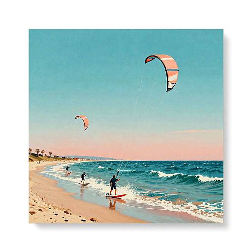 Digital artwork of a sunny beach with two kite surfers, colorful kites, and waves. Blue sky, pink horizon, sandy shore.