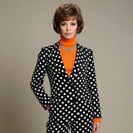 Photograph of a stylish woman with short brown hair, wearing a black polka dot blazer over an orange turtleneck, gold necklace, and