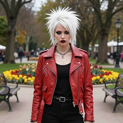 Photograph of a punk-style woman with white spiky hair, red leather jacket, black top, and belt, standing in a park with colorful flowers