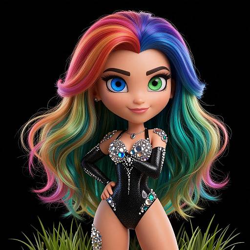 Digital illustration of a cute, stylized girl with vibrant rainbow hair, heterochromia (one blue eye, one green eye), wearing a spark